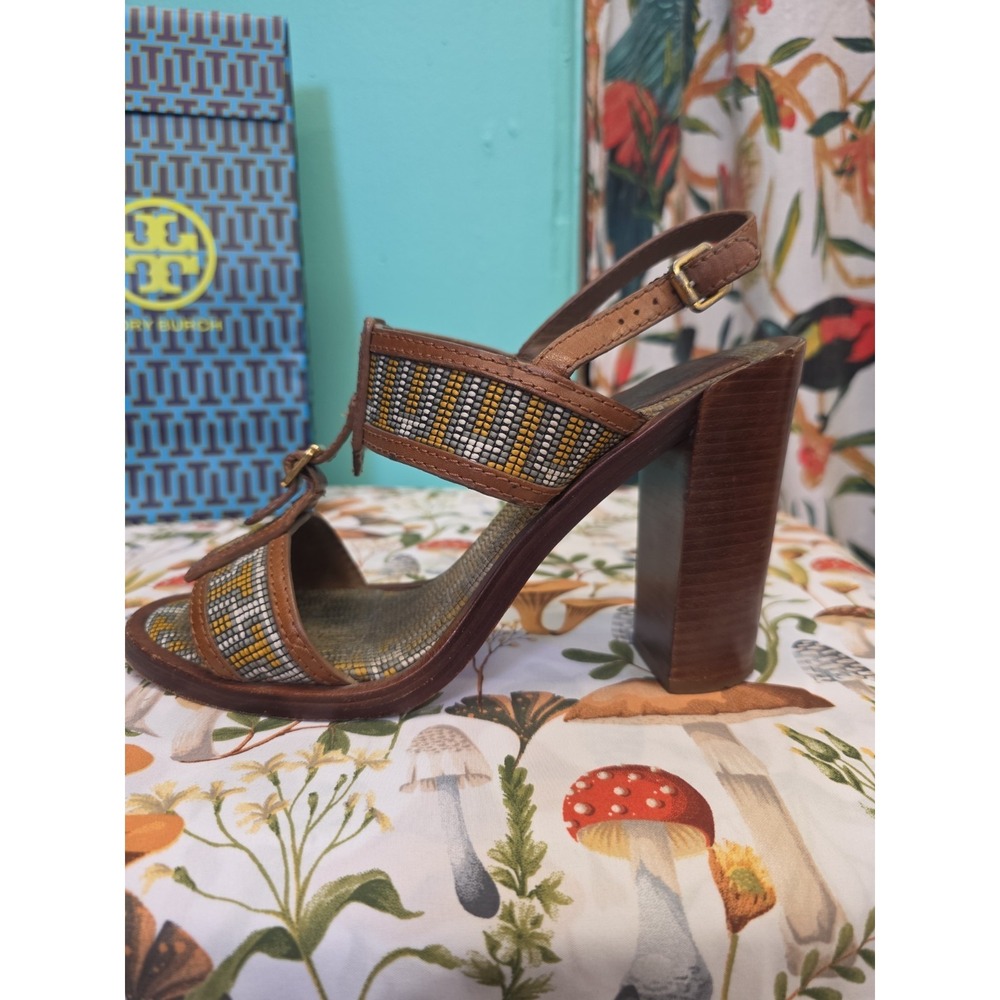 Tory Burch Florian Aztec Block Heel Sandals Tan Leather Ankle Strap Women 9 M - Picture 3 of 13